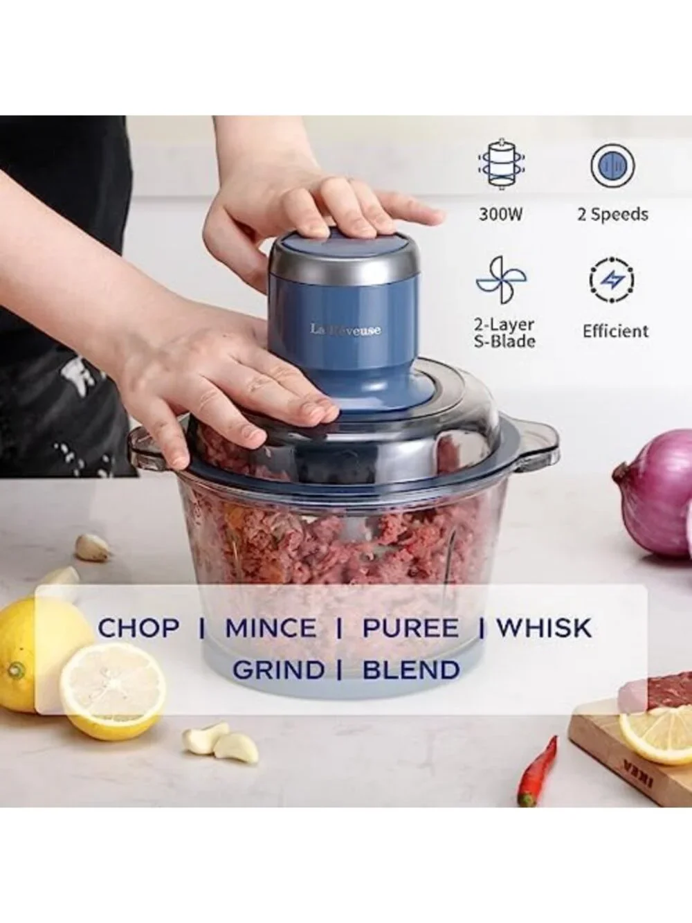 Versatile 7-Cup Electric Food Processor & Chopper with Glass Bowl - Blue Kitchen